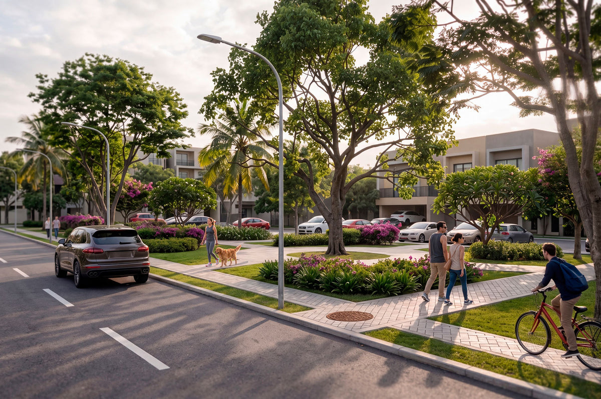Vías asfaltadas con alumbrado público y zonas verdes en el proyecto residencial Crescentia