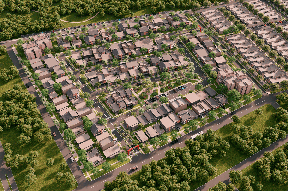 Plano aéreo del proyecto residencial Crescentia con vías asfaltadas, parque central y lotes urbanizados rodeados de naturaleza