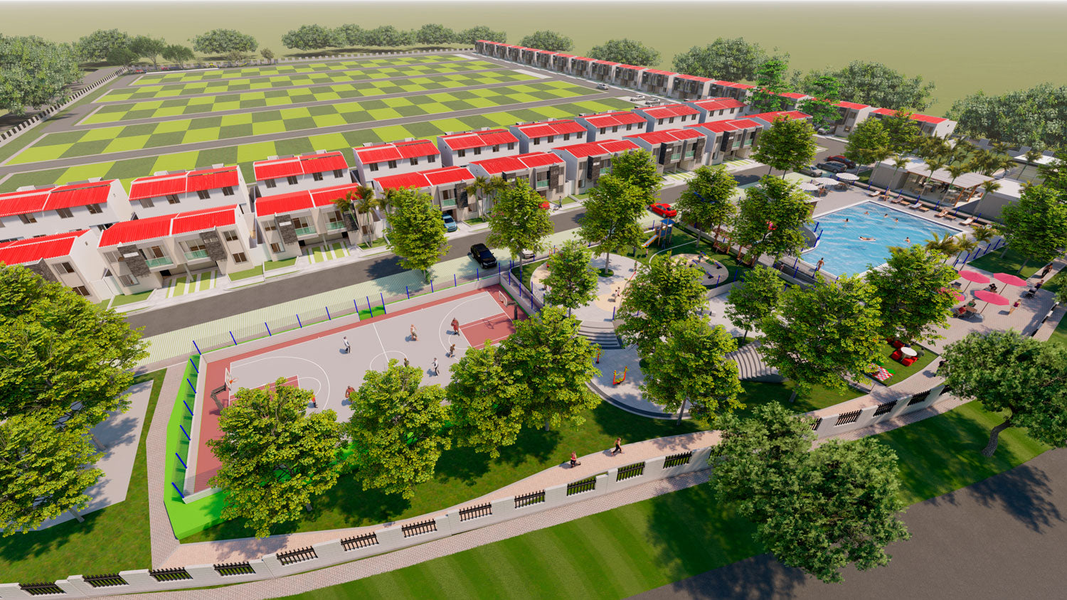 Render conjunto residencial Albizia, con cancha, piscinas parque para mascotas y parqueaderos, ubicado en Puerto Colombia - Rosaleda del Puerto 